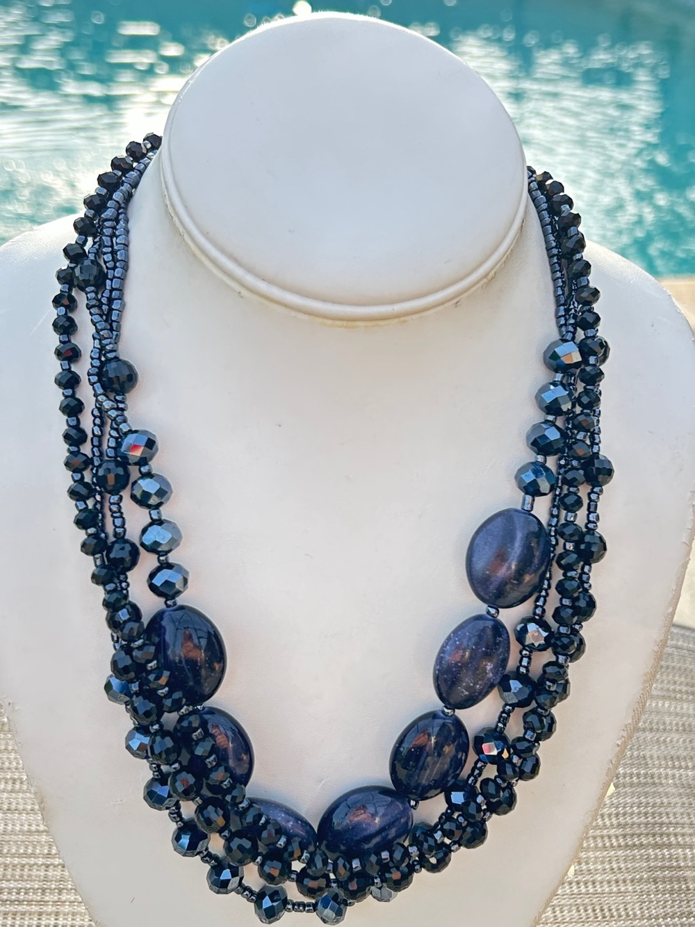Dark Blue Multistrand Beaded Statement Necklace